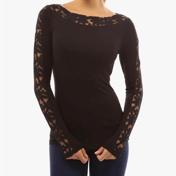 🖤 PattyBoutik Women Boat Neck Lace Inset Long Sleeve Blouse - Picture 6 of 8